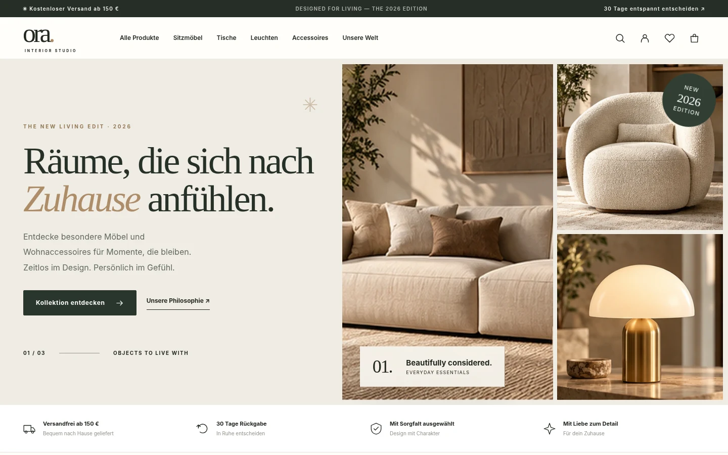 Desktopansicht des selbst entworfenen ORA STUDIO Onlineshop-Konzepts mit Möbeln und modernem Katalogdesign