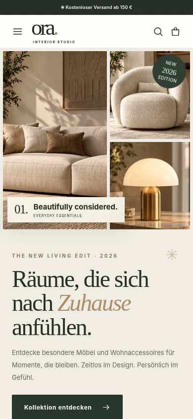 Smartphone-Ansicht der responsiven ORA STUDIO Shopping-Website